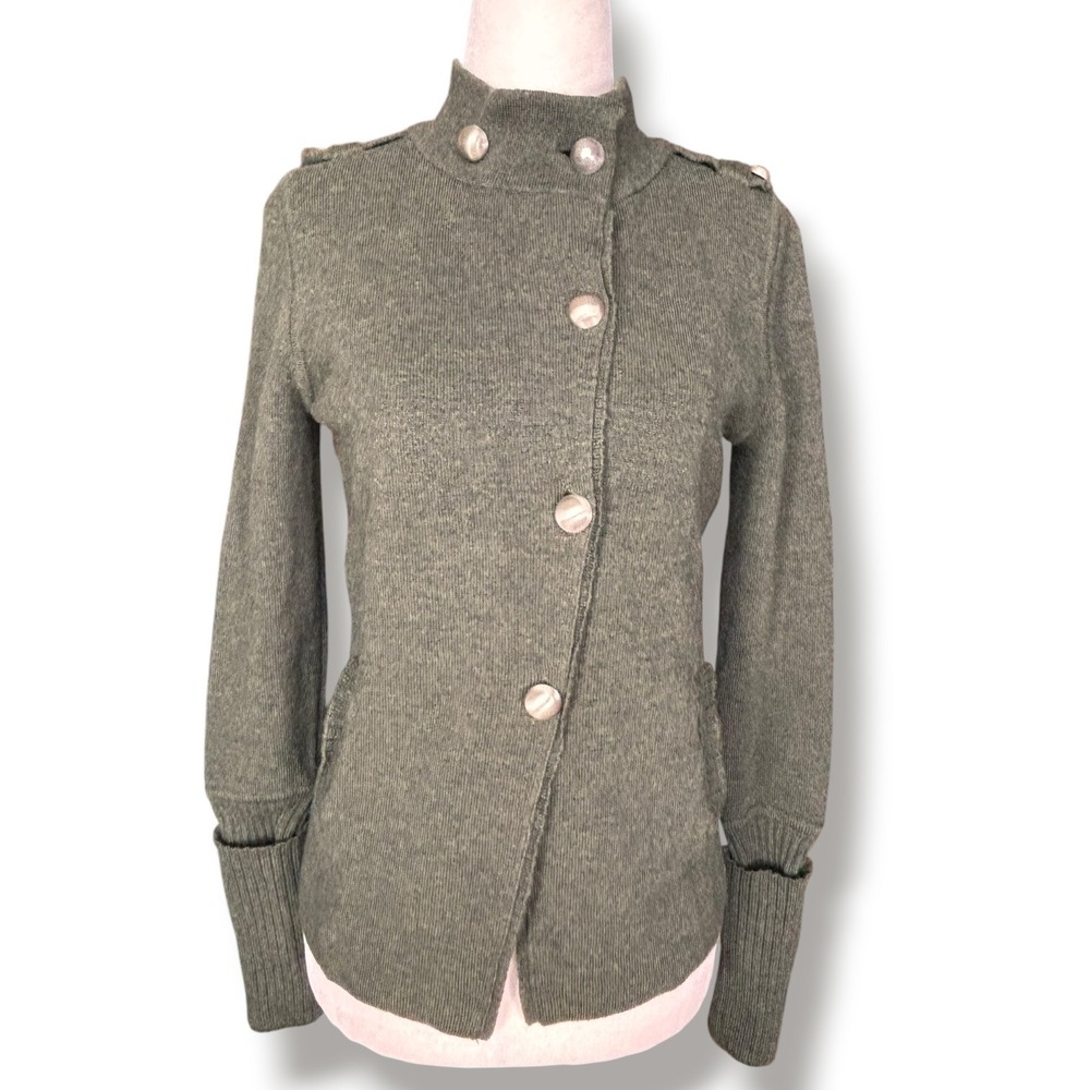 100% Wool Military Cardigan Jacket Olive Green High Collar Epaulet 2000s Layer